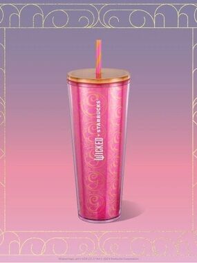 2024 Starbucks X Wicked Glinda Pink & Yellow Gold Glitter G Pattern Tumbler